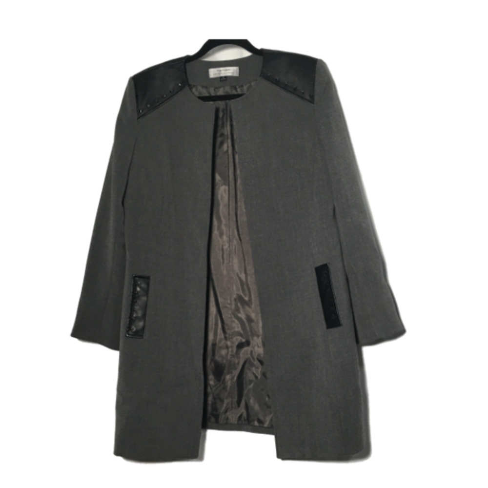 Tahari Gray Leather and Studded Accent Open Dress Jacket Coat Size 12